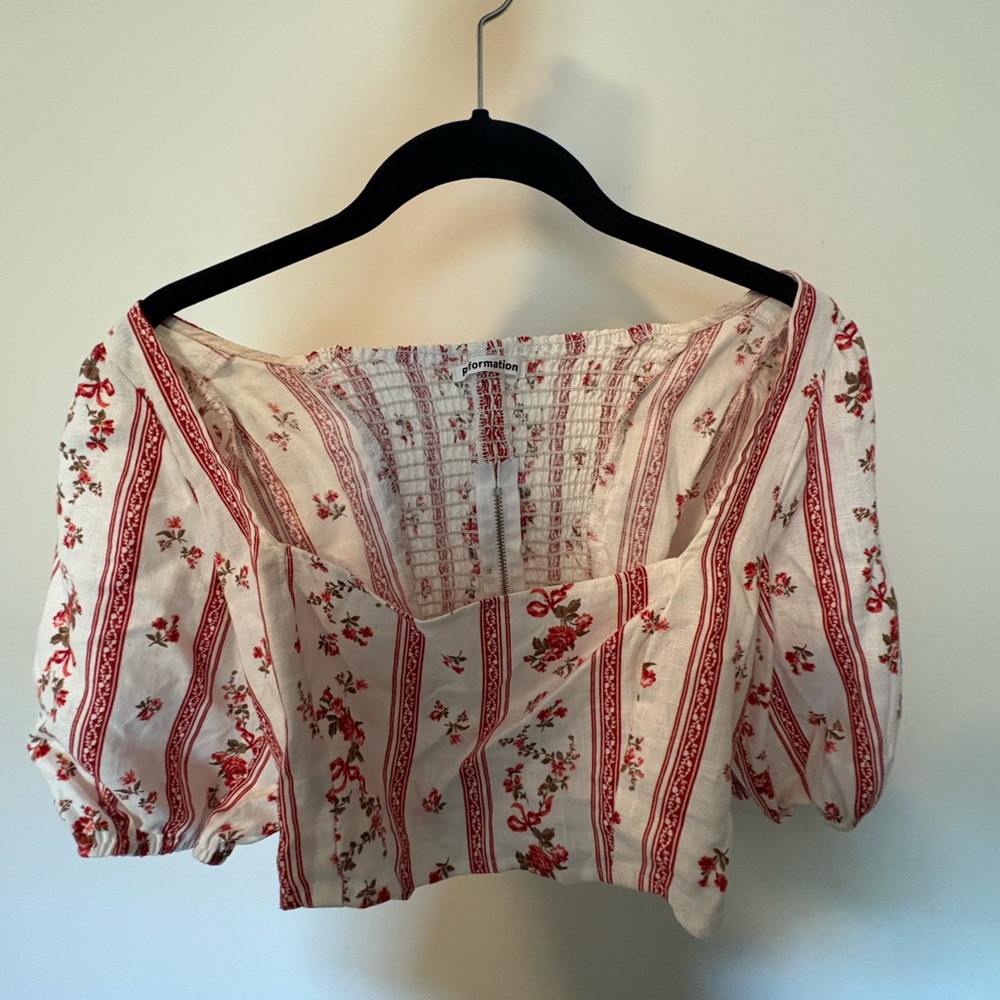 Reformation Floral Stripe Blouse in Red and Cream